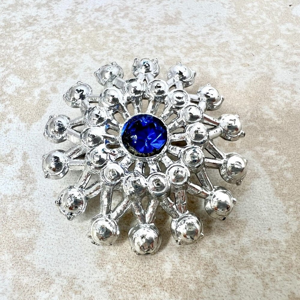 Vintage Silver Tone Deep Blue Rhinestone Snowflake Brooch Pin